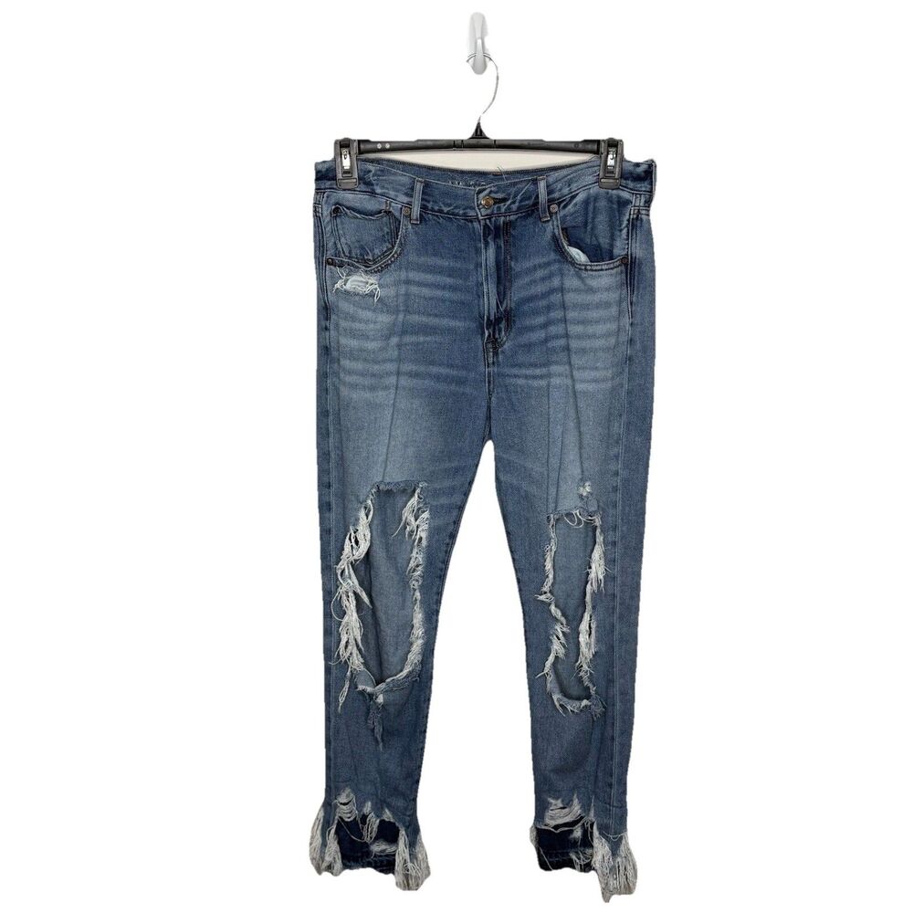 American Eagle Hi-Rise Girlfriend Jeans Destroyed Crop Cotton Denim Blue Size 12